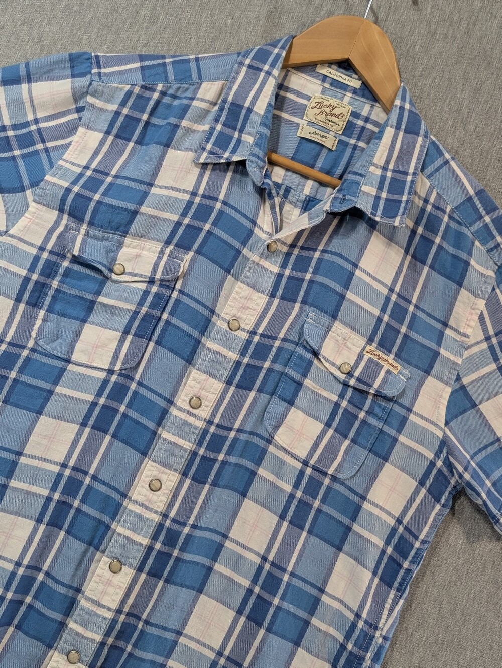 Lucky Brand California Fit Snap Shirt Women's Large Blue White Tartan Plaid